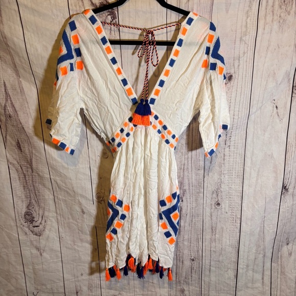 Pia Pauro White Blue and Orange Short Sleeve Romper Tassel Geometric Pattern S - Picture 8 of 8